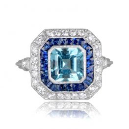 1-Carat Double Halo Aquamarine Ring Diamonds Sapphires TV 12579
