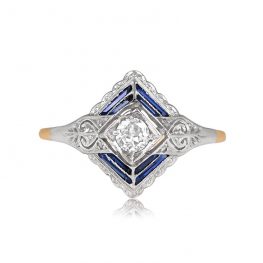 Late Edwardian Geometric Diamond and Synthetic Sapphire Ring - Montefiore Ring