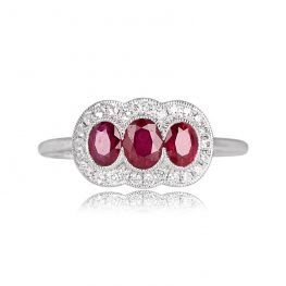 Ruby Three Stone Diamond Halo Ring - Adelaide Ring