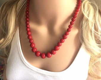 Red Beaded statement necklace, extra chunky graduated bead red jewelry, crimson long necklace jewelry, red earrings jewelry set