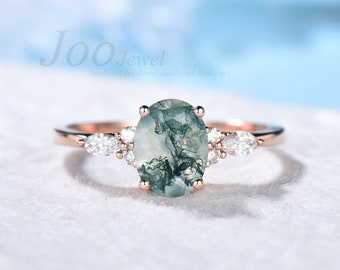 1.5ct Oval Natural Green Moss Agate Engagement Ring Rose Gold Cluster Aquatic Agate Promise Ring Woman Marquise Cut CZ Diamond Wedding Ring