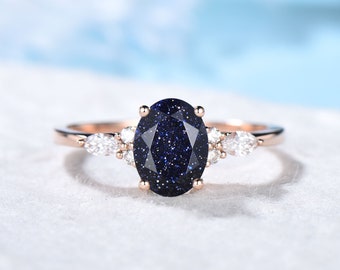 Sterling Silver 1.5ct Galax Blue Sandstone Ring Oval Gemstone Jewelry Vintage Cluster Engagement Ring Personalized Gift for Her Women