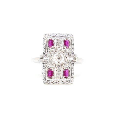 Art Deco Style Ring with Rubies & Diamonds in 18ct White Gold