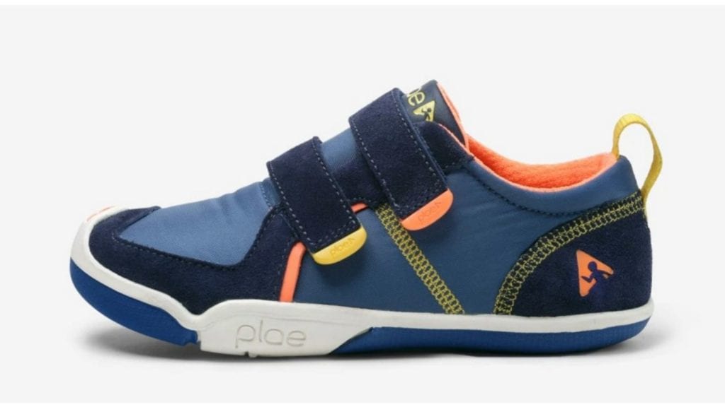 side angle of a blue and orange Plae Ty kids sneaker