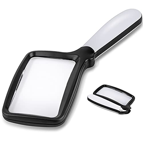 Folding Handheld Magnifying Glass with Light, 3X Large Rectangle Reading Magnifier with Dimmable LED for Seniors with Macular Degeneration, Newspaper, Books, Small Print, Lighted Gift for Low Visions