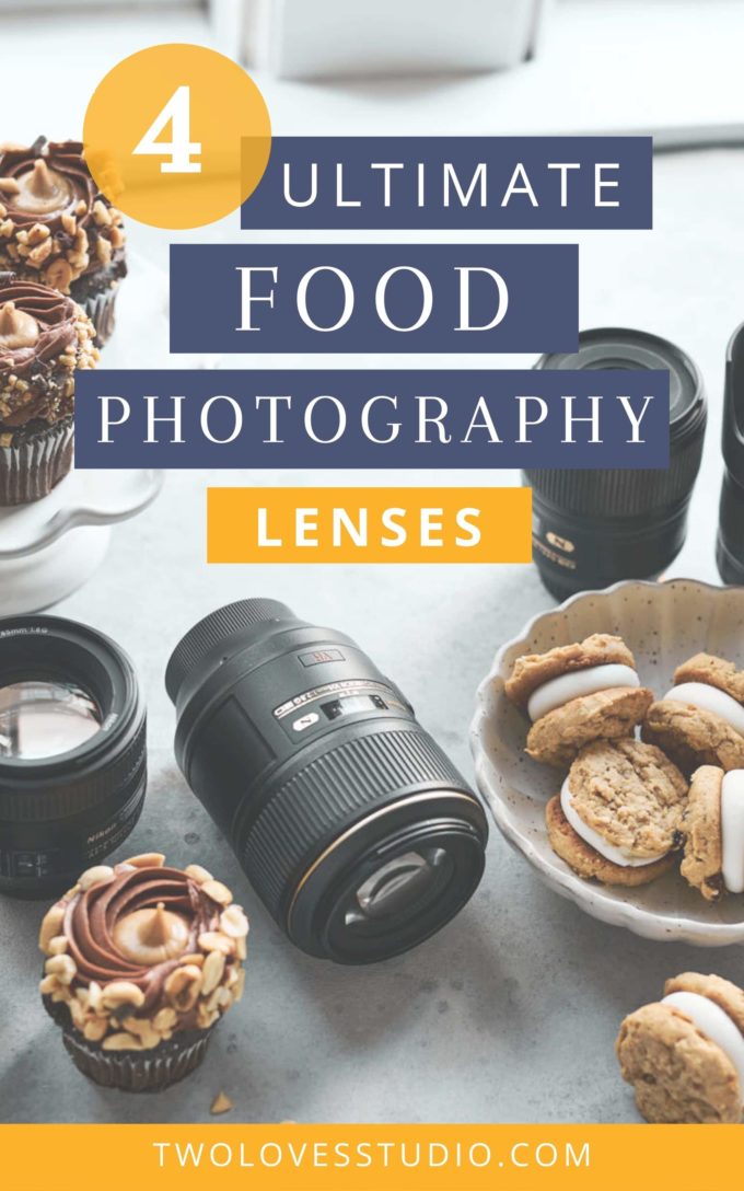 photography lenses on a table with cookies in a bowl and cupcakes on a cake stand. 