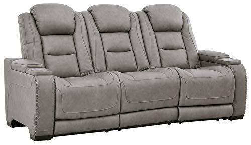 Signature Design by Ashley The Man-Den Leather Power Reclining Sofa with Adjustable Headrests & Wireless Charging, Gray