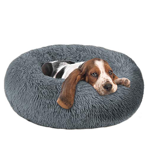 Anxiety Dog Bed and Grey Dog Calming Bed Comfy Donut Cuddler Pet Bed for Orthopedic Relief, Improved Sleeping, Waterproof Bottom