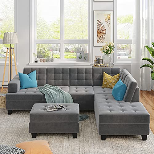 STARTOGOO Modern Upholstery Reversible Sectional Sofa with Storage Ottoman, Thick Cushions, 6 Seat Couch and Chaise for Living Room, Home, Gray (Microfiber/Microsuede), 105.51"