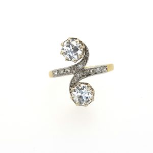 Antique Edwardian Diamond Two Stone Crossover Ring, 1.50 carat total