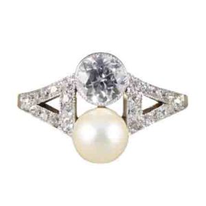 Art Deco natural pearl and diamond ring two stone platinum