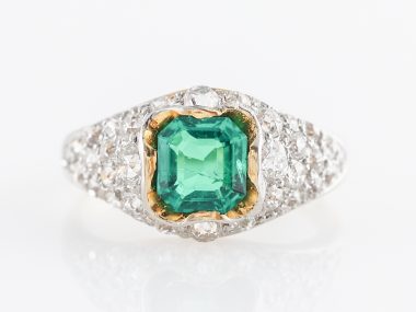 Antique Emerald and Diamond Ring in Platinum and 18K