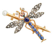 French Sapphire Diamond Dragonfly Brooch Pendant