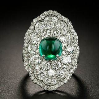  Art Deco 2.20 Carat Cabochon Emerald and Diamond Ring - 2