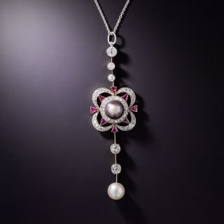 Edwardian Natural Pearl, Ruby and Diamond Lavalière  - 1