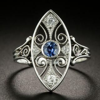 Edwardian Sapphire and Diamond Navette Ring by Riker Bros. - 2
