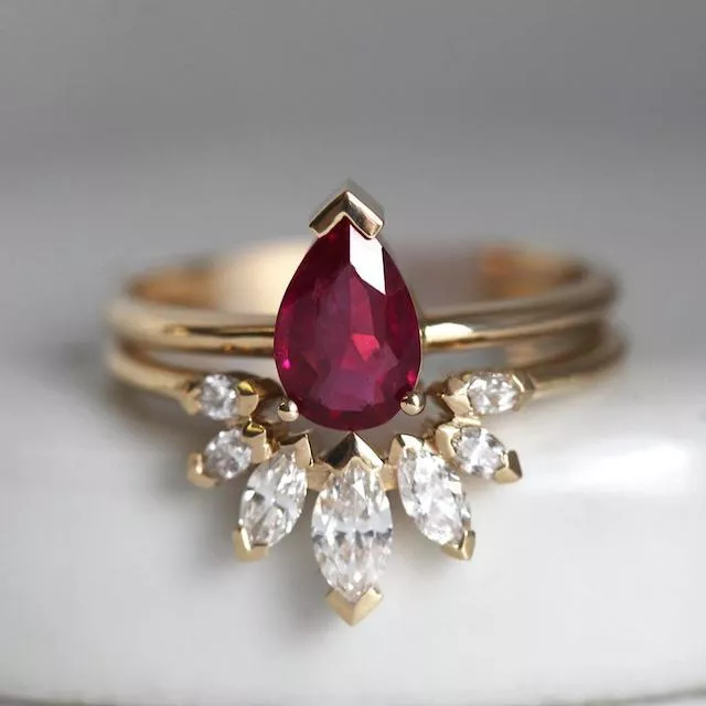 Natural Ruby Engagement Ring Set with Marquise Diamond Crown Ring