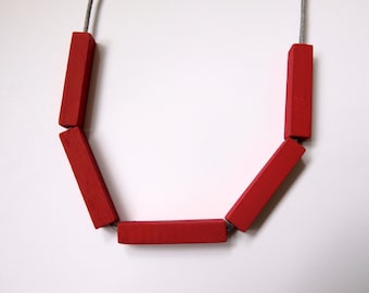 Handmade Red Wood/Wooden Bead/Beaded Bar Tube Necklace - Minimalist/Geometric/Contrast/Statement *5 Designs*