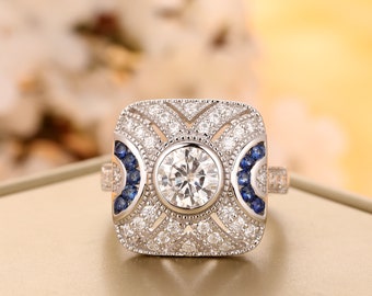 Art Deco Style 0.8CT Round Cut F Color Moissanite Center,Vintage 14K Gold Female Engagement Ring,Wedding Ring,Bezel Ring Sapphire Accents