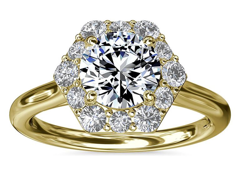 Hexagon diamond with bold pave halo on yellow gold band