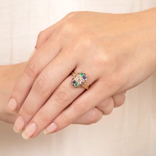 Pink and Blue Sapphire, Emerald and Diamond Ring