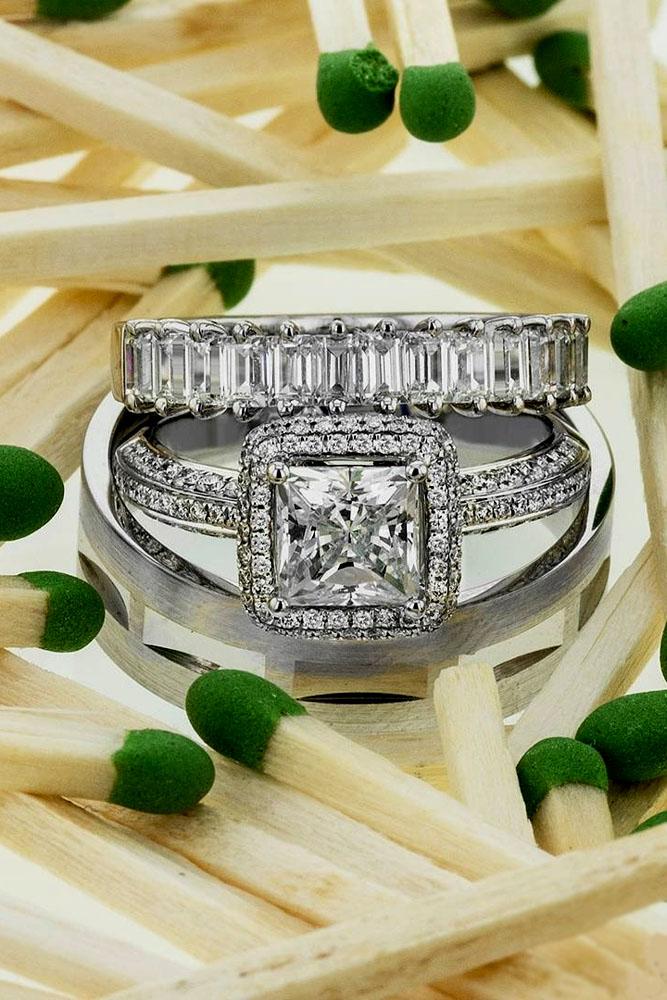 princess cut engagement rings halo center stone white gold pave band