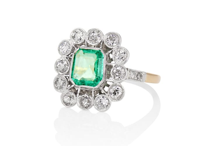 The One I Love NYC 18K and platinum turn-of-the-century emerald and diamond ring in platinum with an 18K gold shank and French hallmarks. (Photo courtesy of The One I Love NYC)