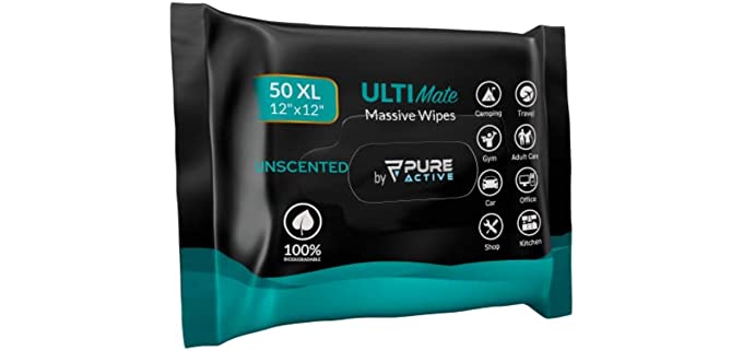 Pure Active Ultimate XXL 12''x12'' Shower Body and Face Wipes 50, Body Wipes for Adult Bathing, Biodegradable Personal Hygiene Body Cleansing Wipes for Women and Men for After Gym Travel Camping